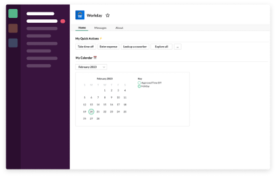 Schermata con dashboard di Workday for Slack di un membro del team