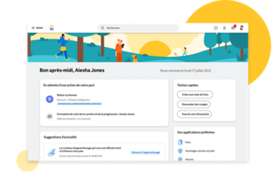 Tableau de bord de l’expérience employé montrant des annonces et des tâches suggérées.