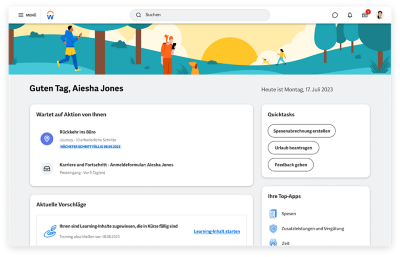 People Experience-Dashboard mit vorgeschlagenen Mitteilungen und Aufgaben