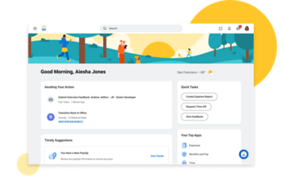 Tablero de mando de People Experience que muestra tareas y anuncios sugeridos.