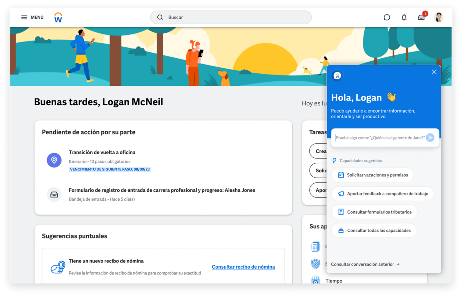 Página de inicio de People Experience que muestra tareas sugeridas, itinerarios y aplicaciones más utilizadas.