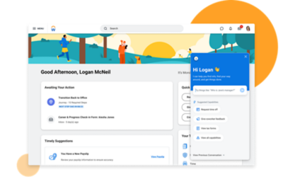 People Experience-Home-Seite mit Chatverlauf zwischen Workday Assistant und einem Mitarbeitenden