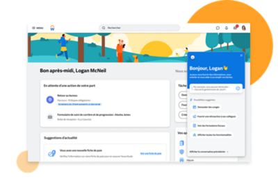 Page d’accueil de l’expérience employé montrant une conversation entre l’assistant Workday Assistant et un employé.