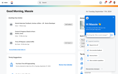 Screenshot of Employee Experience account home screen with a Workday Assistant chat feature pop-up window.