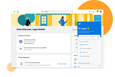 用户的主页显示Workday Assistant正在与员工聊天。
