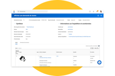Demande de stocks présentant un résumé des articles commandés, ainsi que les informations sur l'expédition et les coordonnées.