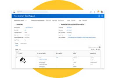 Voorraadverzoek met samenvatting van bestelde items, evenals verzend- en contactinformatie.