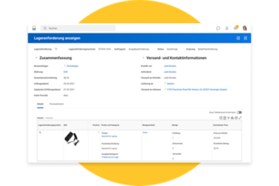 Lageranforderung mit einer Übersicht der Auftragsposten sowie Versand- und Kontaktinformationen