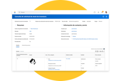 Solicitud de stock de inventario con resumen de artículos pedidos, junto con información de contacto y envío.