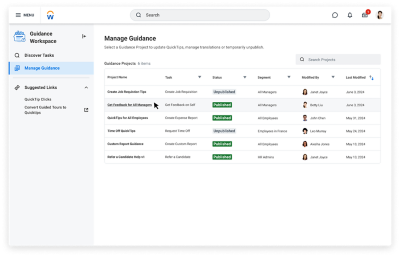 Screenshot of Workday Guidance Quick manager. 
