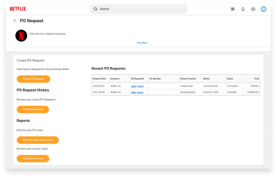 L'écran de l'application Netflix Workday Extend affiche une liste des demandes de bons de commande récentes et des options permettant de créer et de trouver des demandes.