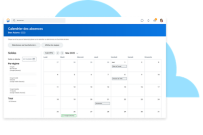 Calendrier des absences sur ordinateur et sur mobile présentant Workday Assistant discutant du solde des absences.