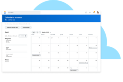 Calendario assenze su desktop e dispositivo mobile, che mostra una comunicazione vocale sul saldo permessi con Workday Assistant.