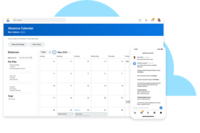 Calendario de ausencias en equipo de escritorio y teléfono móvil que muestra un chat del Asistente de Workday sobre el saldo de vacaciones y permisos.