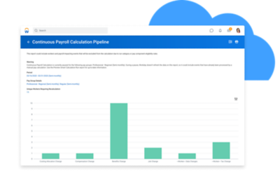 Continuous payroll calculation pipeline dashboard showing a bar graph for payroll-impacting events.