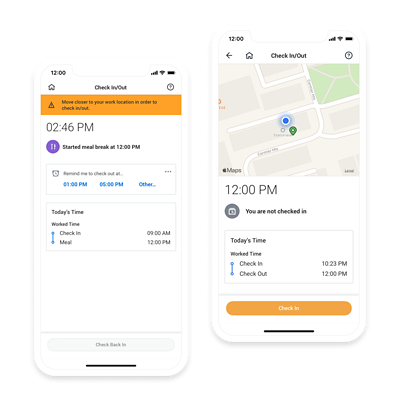 Téléphone portable présentant un écran des pointages d'arrivée/de sortie.