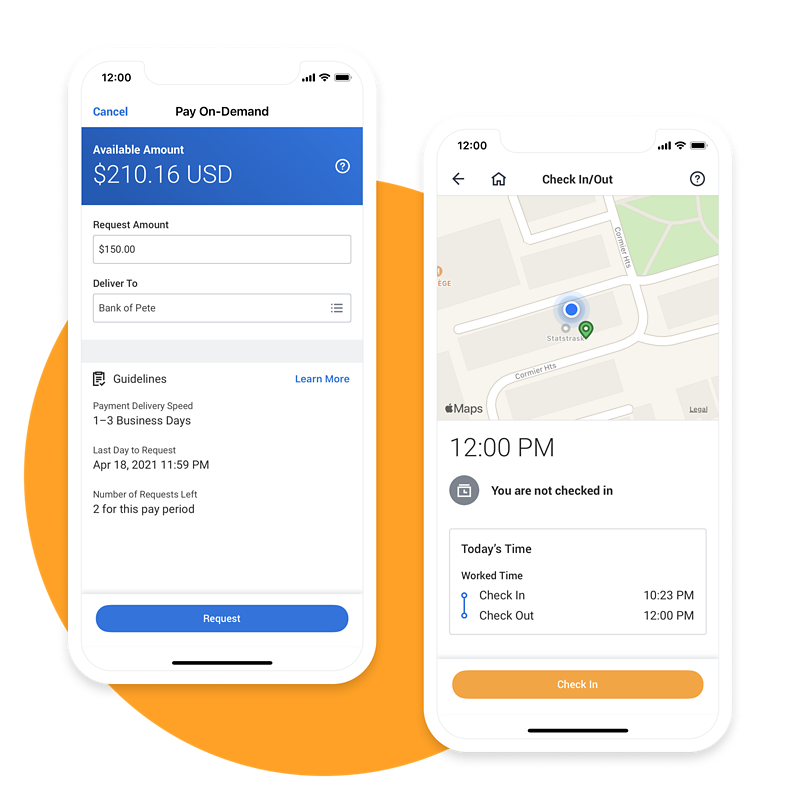 Two payroll software mobile screens showing mobile pay details and geofencing check-in.