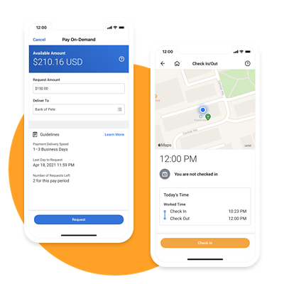 Due schermate del software di gestione paghe per dispositivi mobili che mostrano i dettagli di pagamento mobile e check-in - con geefencing。