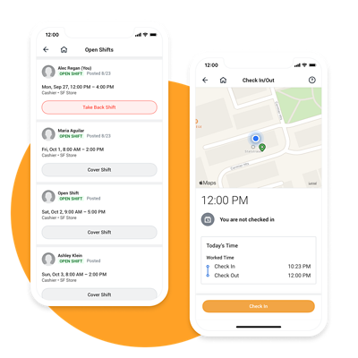 Twee mobiele schermen met open diensten en tijdregistratie met geofencing.