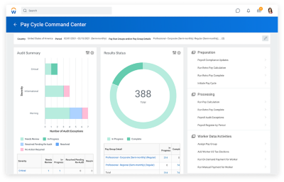 支付周期命令中心仪表板，带有用于审计摘要、结果状态和会计摘要的图表