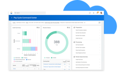Pay cycle command center dashboard with graphs for audit summary and results status.