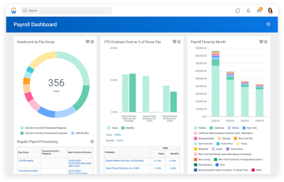 薪酬管理仪表板，显示组织概要和总体预算和支出。