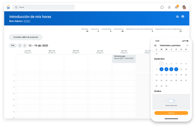 Solicitudes de vacaciones y permisos realizadas en un dispositivo móvil y de escritorio.