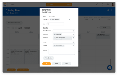 Time dashboard showing time sheet being entered and submitted for review.