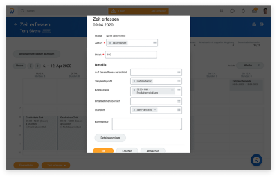 Zeiterfassungs-Dashboard mit einem Zeitnachweis, der zur Prüfung eingegeben und übermittelt wild