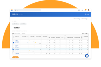承認用の作業時間のサマリを表示している時間レビュー ダッシュボード。社員タイム トラッキング ソフトウェアによって例外が強調表示されています。