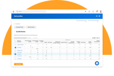 Dashboard „Zeit prüfen“ mit einer Übersicht der zu genehmigenden Stunden für Mitarbeitende Zeiterfassungssoftware für Mitarbeitende markiert Ausnahmen automatisch.