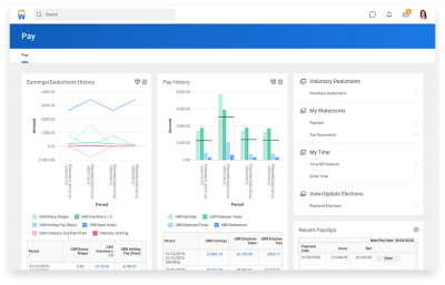 英国工资单员工仪表板，显示收入和扣除，工资历史和时间余额。