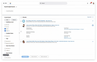 Dashboard in Workday US payroll showing Payroll Insights Results.