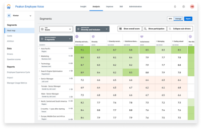 Workday Peakon Employee Voice dashboard of DE&I segments.
