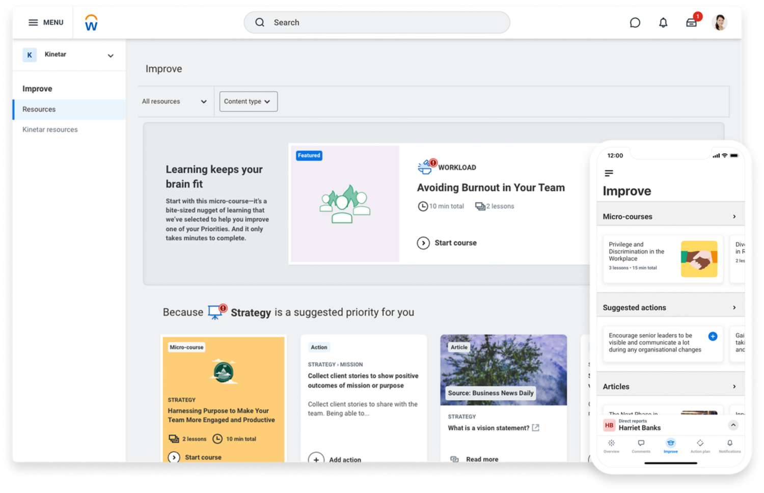 Schermata di 鶹ý Peakon Employee Voice che mostra le risorse per la formazione.