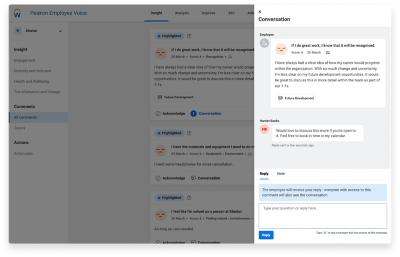 Capture d'écran de conversation confidentielle dans Workday Peakon Employee Voice concernant le développement de carrière.