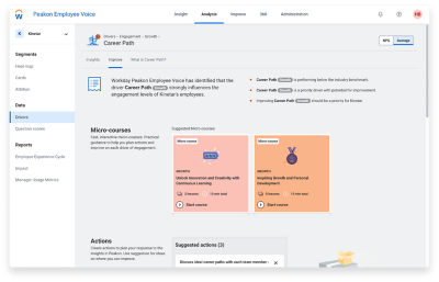 Screen of Workday Peakon Employee Voice showing customised actions to improve team engagement.