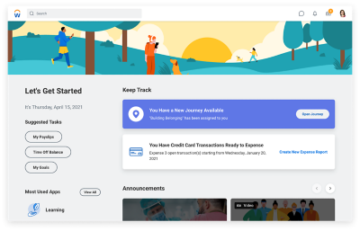 推奨タスク、ジャーニー、よく使うアプリを表示している利用者エクスペリエンスのホーム ページ。