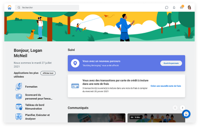 Page d'accueil People Experience présentant les tâches, les parcours et les applications les plus utilisées