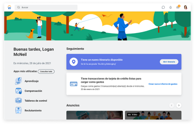 Página de inicio de People Experience que muestra tareas sugeridas, itinerarios y aplicaciones más utilizadas.