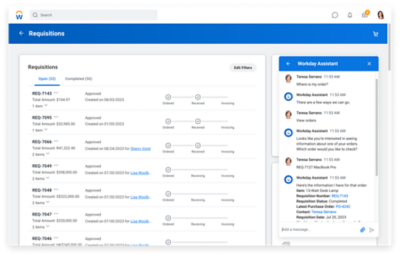 Workday’s purchase requisition experience displaying catalogue items, and Workday Assistant engaged to check the status of an existing order. 