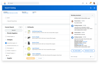 Workday的采购申请经验显示目录项目，Workday Assistant用于检查现有订单的状态。