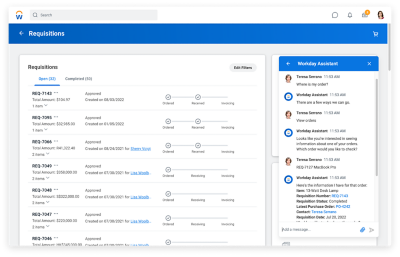 Workday的采购申请经验显示目录项目，Workday Assistant用于检查现有订单的状态。