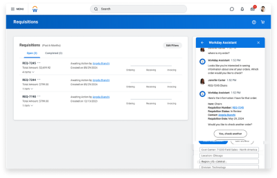 Workday’s purchase requisition experience displaying catalogue items, and Workday Assistant engaged to check the status of an existing order.