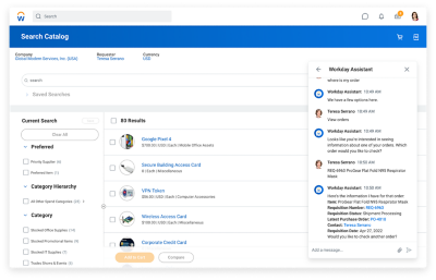 L'expérience de demand d'achat de Workday affichant des éléments de catalog et Workday Assistant vérifiant le statut d'une命令存在。