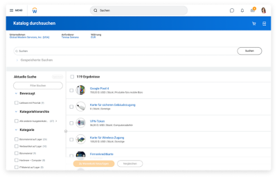 Benutzeroberfläche für Bedarfsanforderungen in Workday mit Katalogposten und aktiviertem Workday Assistant zur Überprüfung des Status eines laufenden Auftrags