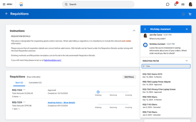 Workday’s purchase requisition experience displaying order information and Workday Assistant engaged to check the status of an existing order. 