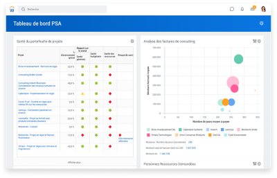 Capture d'écran du tableau de bord des services de consulting présentant la situation du portefeuille de projet et un graphique en nuage de points d'analyse de factures.