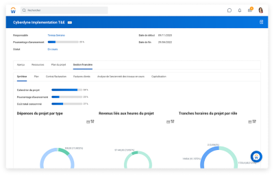 捕捉d'écran du tableau de borde synthèse des Finances présentant les dépenses du projet par type, les revenus du projet au temps passé et les tranches horaires du projet par rôle。