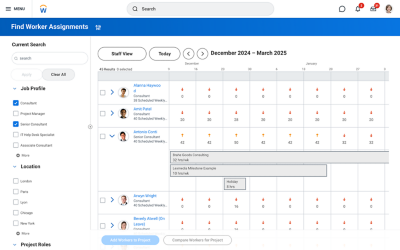 Capture d'écran du tableau de bord des affectations de collaborateurs présentant une liste d'affectation de consultants.